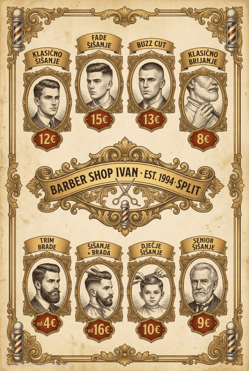 Barber Shop Ivan cjenik usluga: klasično šišanje 12€, fade 15€, buzz cut 13€, brijanje 8€, brada od 4€, šišanje+brada od 16€, dječje 10€, senior 9€